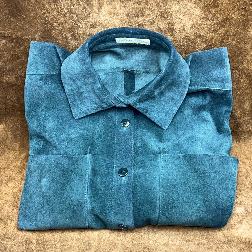 Vintage Bonwit Teller Green Suede Double Breast Deep Pocket Button Up Shirt